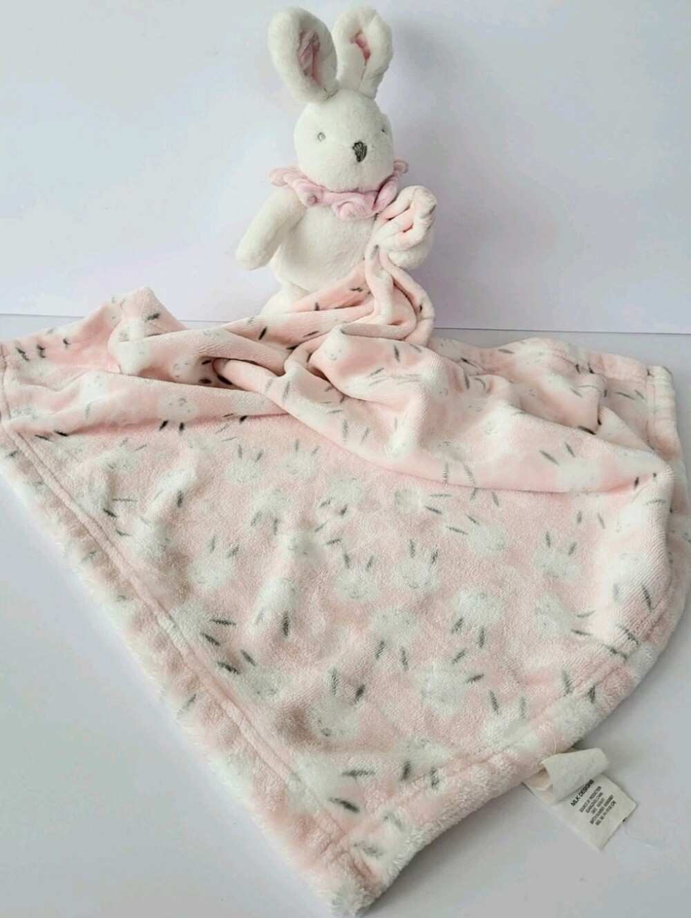 MON PETIT CHOU BUNNY RABBIT PLUSH LOVEY SECURITY BABY BLANKET WHITE, PINK, GRAY